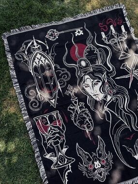 Gothic Vampire Black & Red Illustrated Throw Blanket